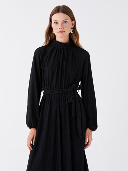 Dik Yaka D?z Uzun Kollu Elbise