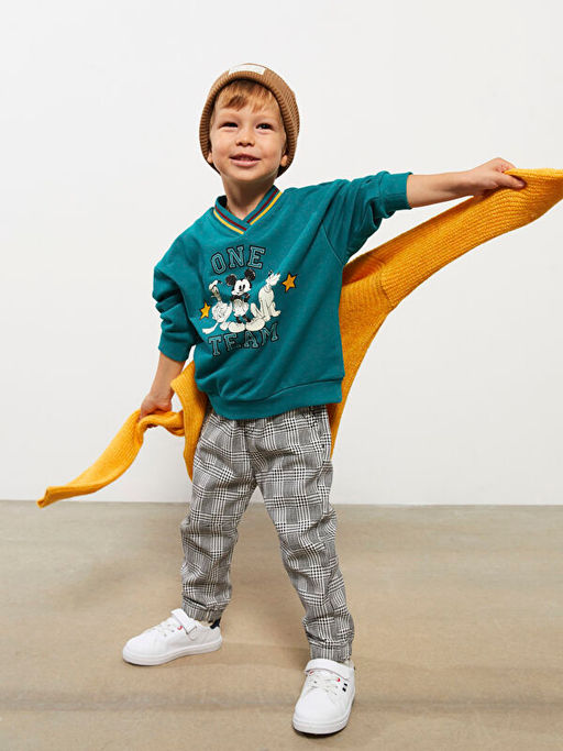 V Yaka Uzun Kollu Mickey Mouse Bask?l? Erkek Bebek Sweatshirt - Waikiki фото 3