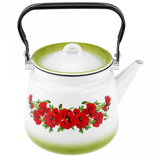 "Восточный мак" Чайник эмалированный 3,5л, д15см, h17,5см, металлическая крышка, подвижная металлическая ручка, белый (Россия)