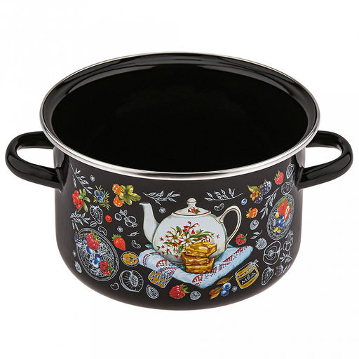 Десерт к чаю Кастрюля эмалированная 3л, д20см, h12,5см, цилиндрическая форма, металлическая крышка, черный (Россия) - Домашняя мода фото 2