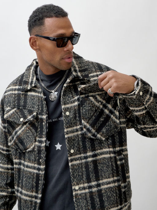 Куртка рубашка шерстяная в клетку мужская демисезонная черного цвета 58596Ch