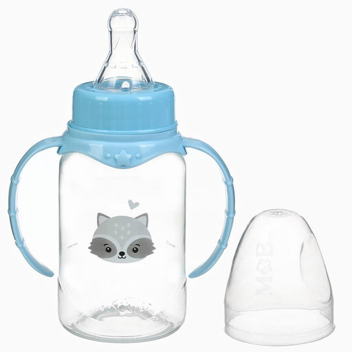 Бутылочка для кормления Крошка Я «Малыш енот» от 0 мес., 150 мл, цилиндр, с ручками, голубая