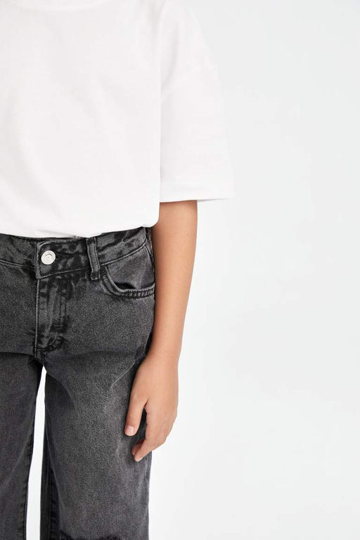 Широкие джинсовые брюки антрацитового цвета с рваными деталями для девочек и широкими карманами на штанинах - Defacto фото 5