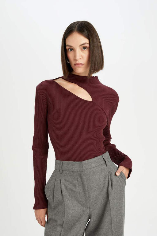 Женская облегающая полуводолазка приталенного кроя, базовая однотонная футболка в рубчик с длинными рукавами - Defacto фото 4