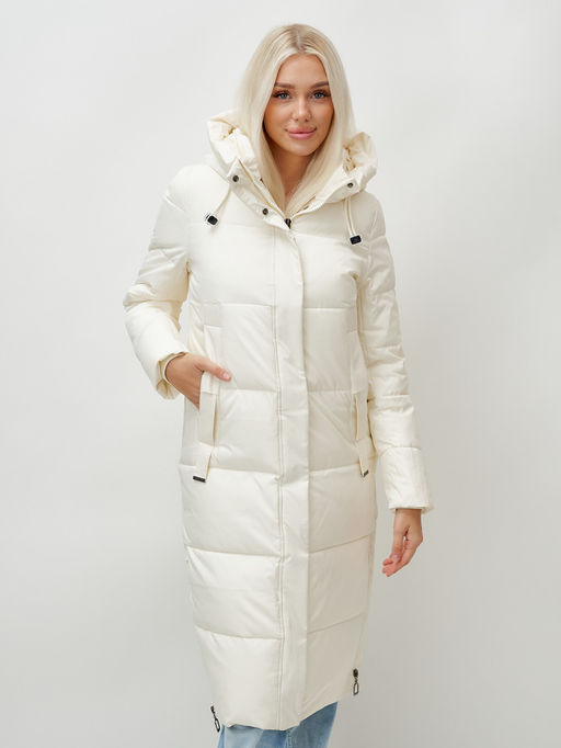 Пальто утепленное стеганное зимнее с капюшоном женское бежевого цвета 9608B
