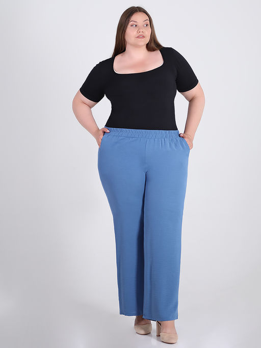 Брюки синие летние на резинке палаццо - Almond фото 2
