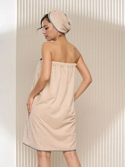 Комплект женский для бани и сауны Бьюти-БЕЖЕВЫЙ микрофибра 3 пр. (парео + чалма+полотенце) - Лен поволжья фото 2