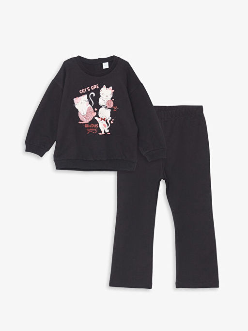 Bisiklet Yaka Bask?l? K?z ?ocuk Sweatshirt ve Tayt 2li