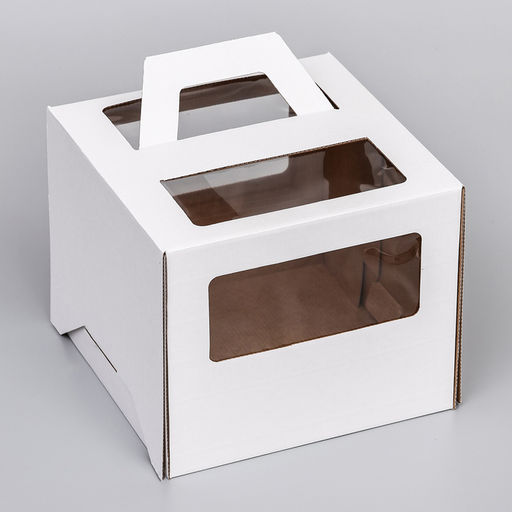 Коробка под торт 2 окна, с ручками, белая, + подложка 2.5 золото - белый, 24×24×20 см