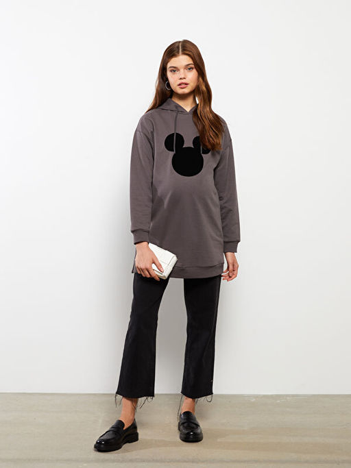 Kap??onlu Mickey Mouse Bask?l? Uzun Kollu Hamile Sweatshirt Tunik