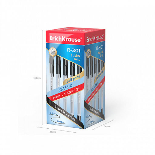 Цена за 50 шт. Ручка шариковая ErichKrause R-301 Stick&Grip Classic 1.0, цвет чернил красный (в коробке по 50 шт.)