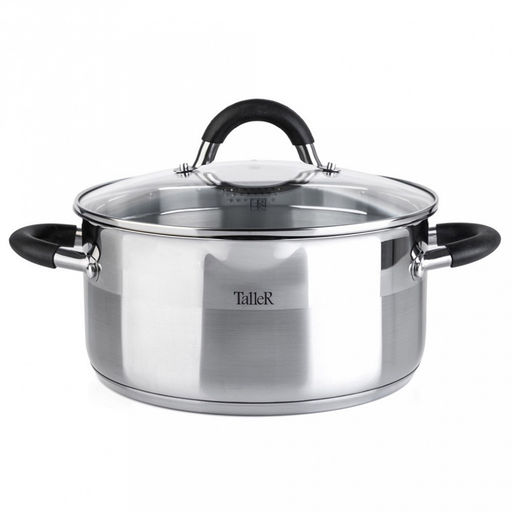 Набор посуды из нержавеющей стали "Телфорд" 3 предмета: кастрюля 3,1л - д20см, h10см, 5л - д24см, h12см, ковш 1,5л - д16см, h8см, s0,6мм, дно s2,8мм, стеклянная жаропрочная крышка, широкий металлический ободок с отверстиями для слива жидкости, пароот