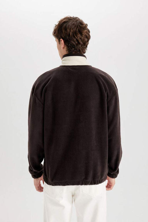 Флисовый свитшот свободного кроя с воротником-стойкой и вышивкой на кнопках - Defacto фото 6