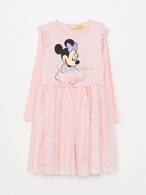 Bisiklet Yaka Minnie Mouse Bask?l? Uzun Kollu K?z ?ocuk Elbise