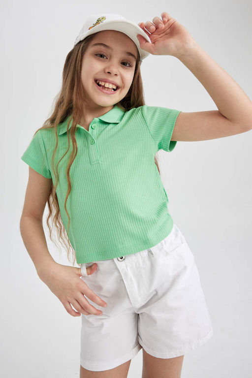 Облегающая футболка-поло в рубчик с короткими рукавами для девочек - Defacto фото 3
