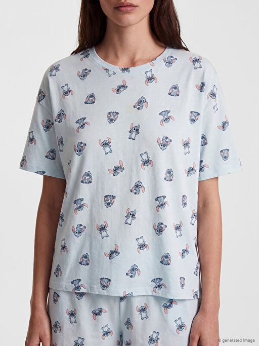 Stitch Bask?l? Kad?n ?ortlu Pijama Tak?m?