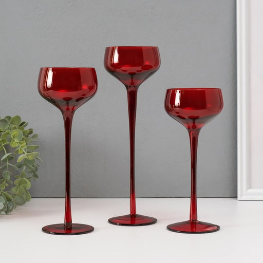 Стеклянный подсвечник на 1 свечу «Бокал-креманка», набор 3 шт., красный, h=20 см, 23 см, 26×8×8 см