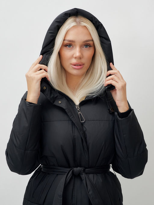 Пальто утепленное стеганное зимнее с капюшоном женское черного цвета 9605Ch - Mtforce фото 8