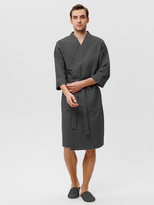 Мужской укороченный вафельный халат с планкой темно-серый В-05 (32)