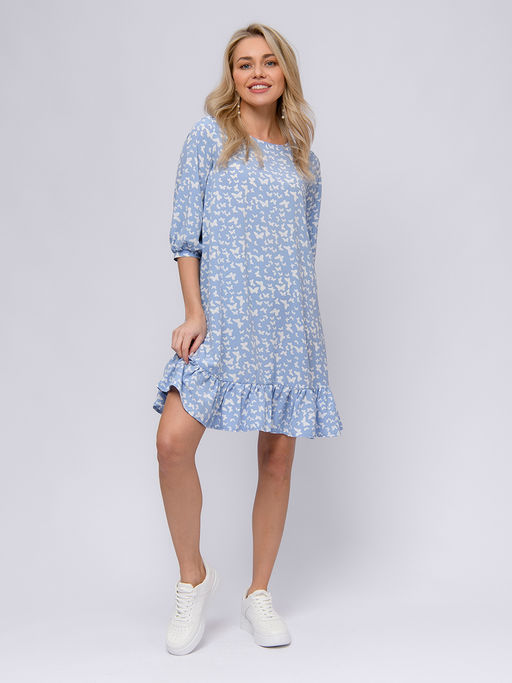 Платье голубое с принтом длины мини с воланом по подолу - 1001dress фото 2