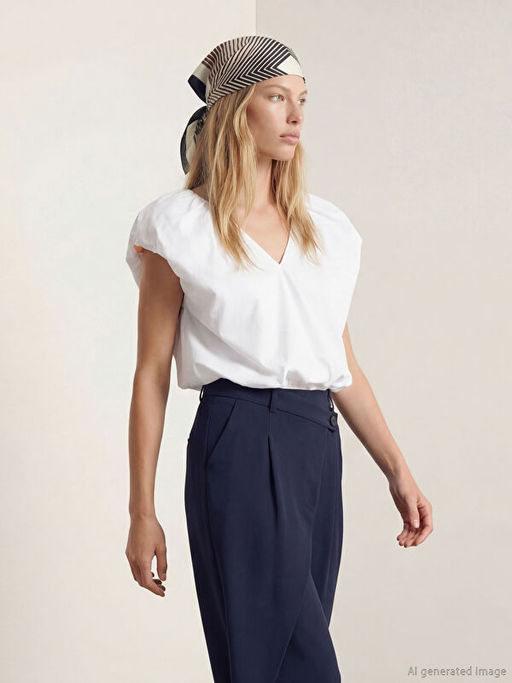 V Yaka B?zg?l? Poplin Bluz