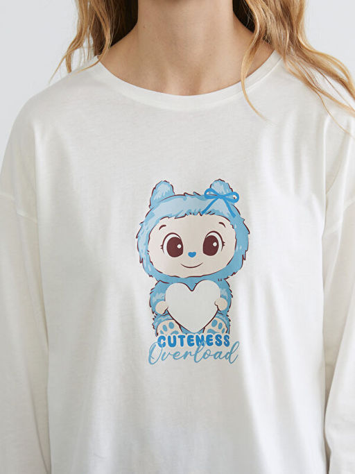 Bisiklet Yaka Bask?l? Kad?n Pijama Tak?m?