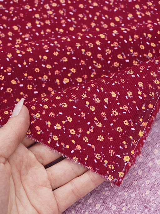 Микровельвет Маленькие лютики на темно-малиновом, ш.1.1м, хлопок-100%, 130гр/м.кв - Купава фото 6