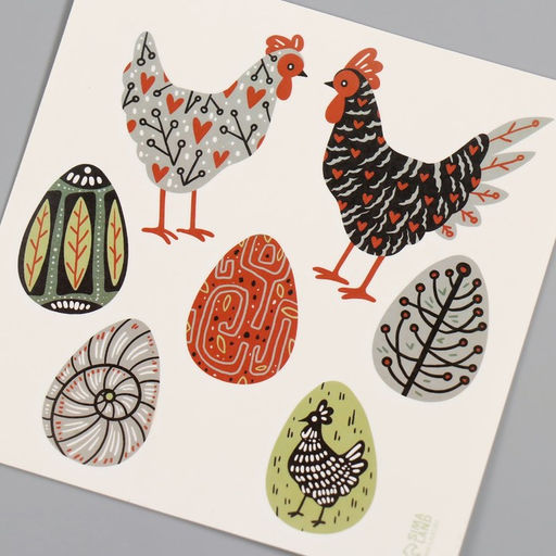 Цена за 3 шт. Переводные тату цветные Курочки и яйца. Стилизация, временные татуировки, 10?10 см