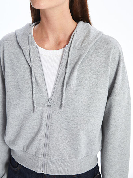 Kap??onlu D?z Oversize Kad?n Fermuarl? Sweatshirt