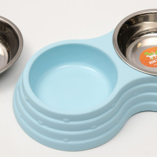 Миска металлическая двойная на пластиковом основании 2 х 160 мл, 25 х 14 х 5 см, голубая - Пижон фото 6