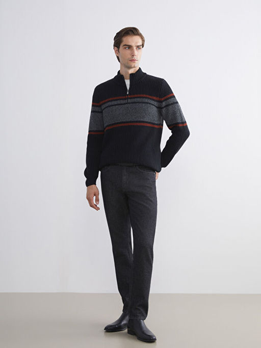 Dik Yaka Uzun Kollu ?izgili Erkek Triko Kazak