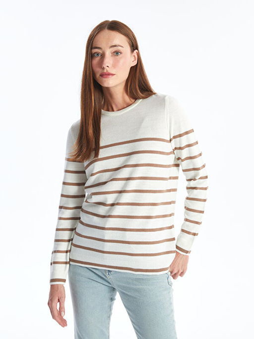 Bisiklet Yaka ?izgili Uzun Kollu Kad?n Triko Kazak