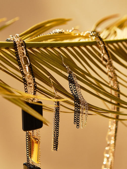 Набор 2 предмета: серьги, бусы Унисон прямоугольники, чёрный в золоте, 80 см