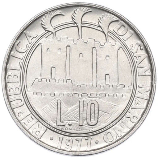 Монета 10 лир 1977 года Сан-Марино