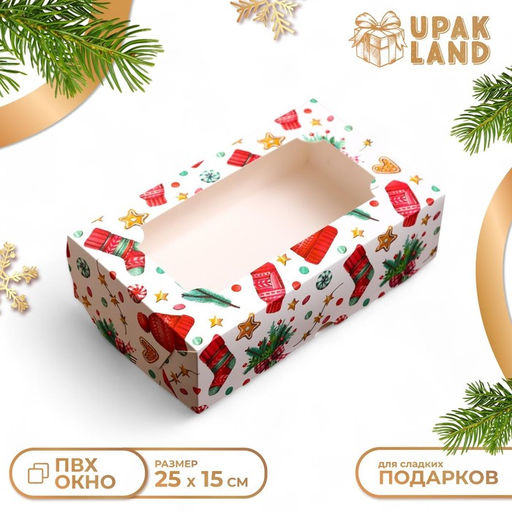Цена за 5 шт. Коробка подарочная складная с окном Новогодний паттерн, 25?15?7 см