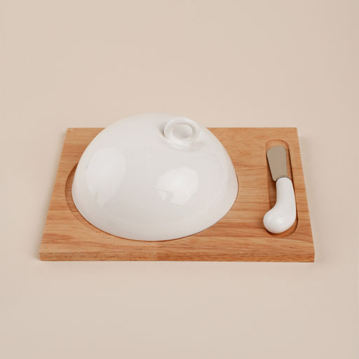 Маслёнка SL Home «Тренто», 22×17.5 см, на деревянной подставке, с ножом для масла, фарфор, белая