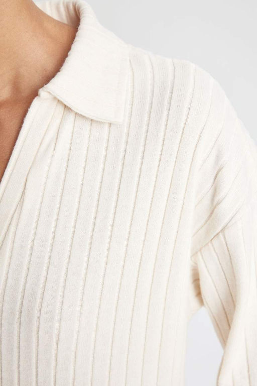 Женская повседневная футболка с воротником-поло в рубчик и длинными рукавами - Defacto фото 5