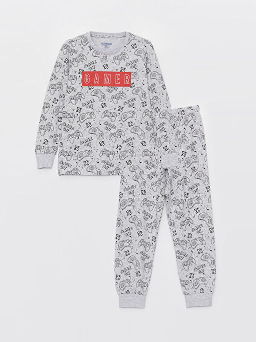 Bisiklet Yaka Bask?l? Uzun Kollu Erkek ?ocuk Pijama Tak?m?