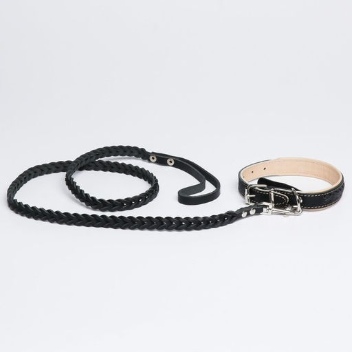 Комплект ошейник (34-45х2 см) и поводок (120х0.8 см) с косой, чёрный с бежевым - Пушистое счастье фото 4