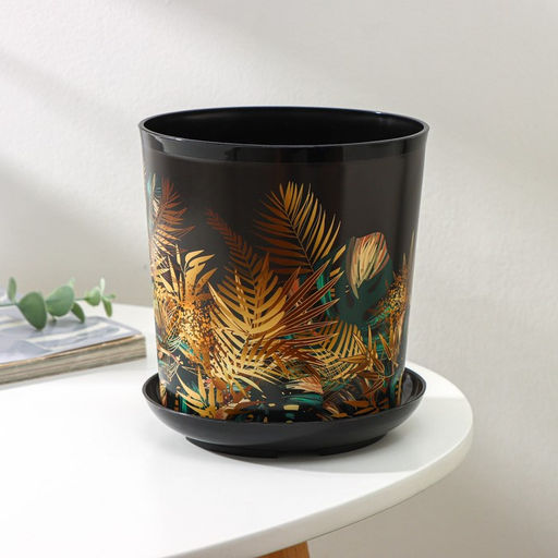 Горшок для цветов с поддоном Доляна «Голди. Листья», 1,6 л, d=14 см, h=15,5 см, пластиковый, цвет чёрный