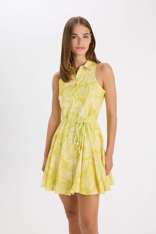 Мини-платье без рукавов из вуали с принтом и V-образным вырезом - Defacto фото 3