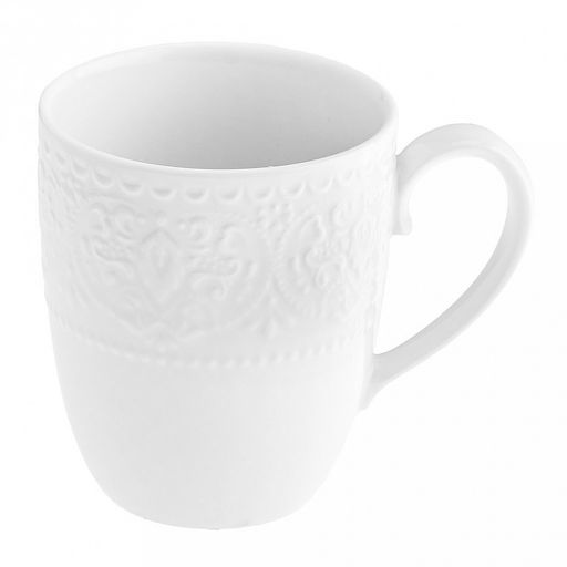 "Русь" Кружка фарфоровая 370мл, д8,5см h10,1см, глянцевая глазурь, рельефный декор, цвет - белый, д/горла 7,8см, д/основания 5,3см (Китай)