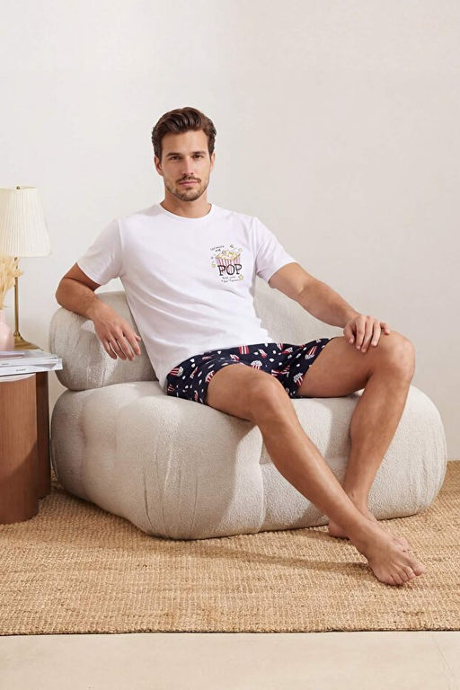 Unisex Beyaz Regular Fit Popcorn Bask_l_ Pamuklu Pijama Tak_m_ TMNSS26PT00014 - Trendyolmilla фото 2