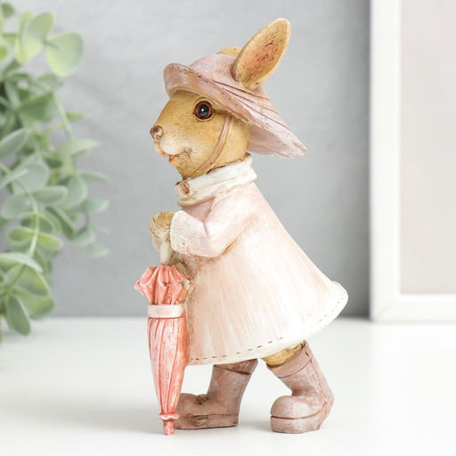 Фигурка полистоун Зайка в шляпке и дождевике с зонтом, 14.5?6.5?8 см
