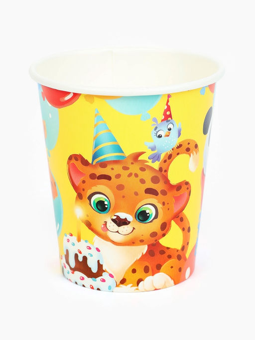 Цена за 10 шт. Стакан одноразовый бумажный «С Днём рождения, весёлые зверята», желтый, 250 мл
