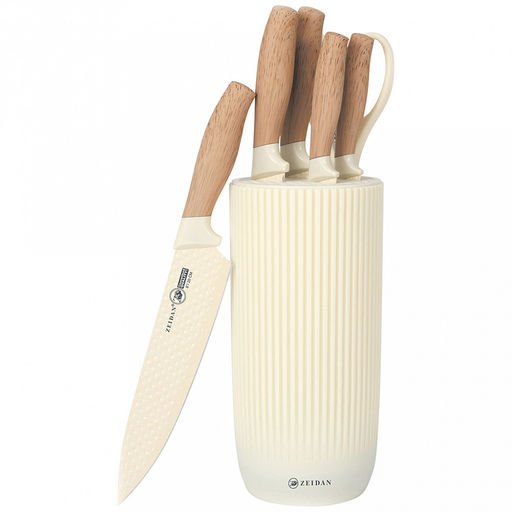 "Zeidan" Набор ножей из нержавеющей стали 7 предметов, прорезиненные ручки под дерево, подставка, подарочная упаковка c пластиковой ручкой (Китай)