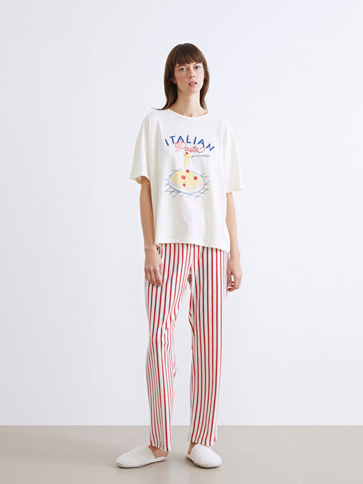 Bisiklet Yaka Bask?l? Kad?n Pijama Tak?m?