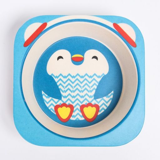 Набор детской бамбуковой посуды Пингвин, тарелка, миска, стакан, приборы, 5 предметов - Крошка я фото 6