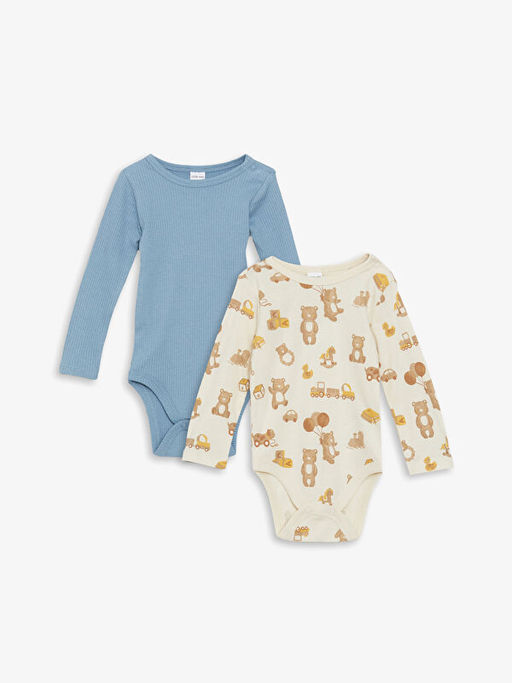 Bisiklet Yaka Bask?l? Erkek Bebek ??t??tl? Bodysuit 2li