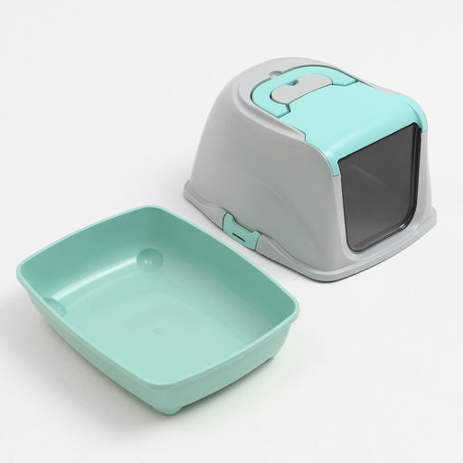Туалет-домик для кошек закрытый с дверцей 50*38*37 см, бирюзово-серый - Пижон фото 10